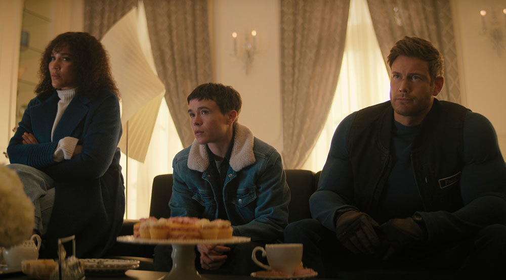 Foto: Emmy Raver-Lampman, Elliot Page & Tom Hopper, The Umbrella Academy - Copyright: 2024 Netflix, Inc.; Courtesy of Netflix